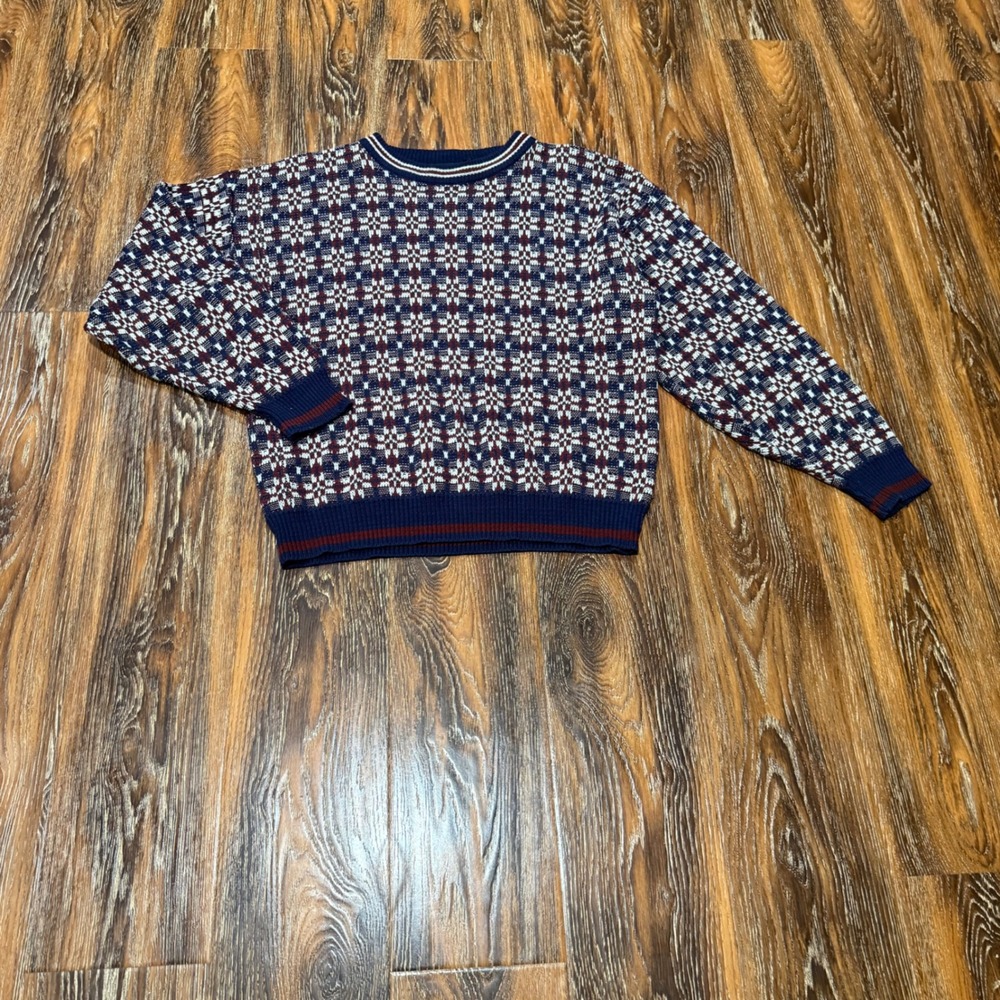 Robert Bruce XL Sweater Mens Navy Blue Burgundy Geometric Knit Vintage Crewneck